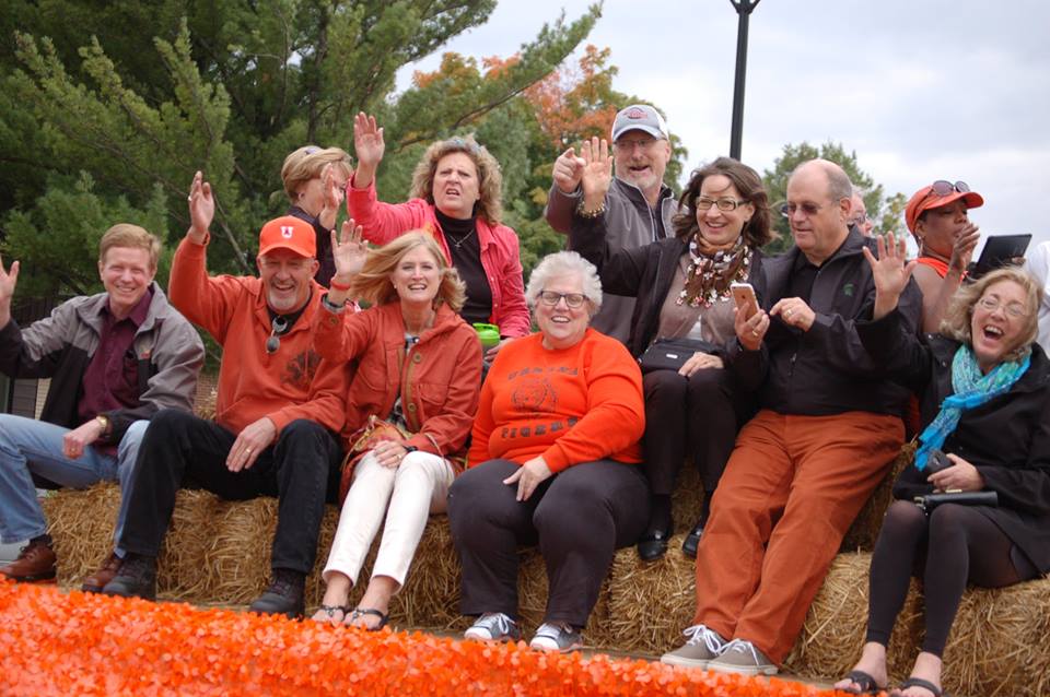 About 20 of us rode in the Homecoming parade. Some rode in the alumni bus, and some on this float. Stan drove the truck with Ryan along to supervise.
